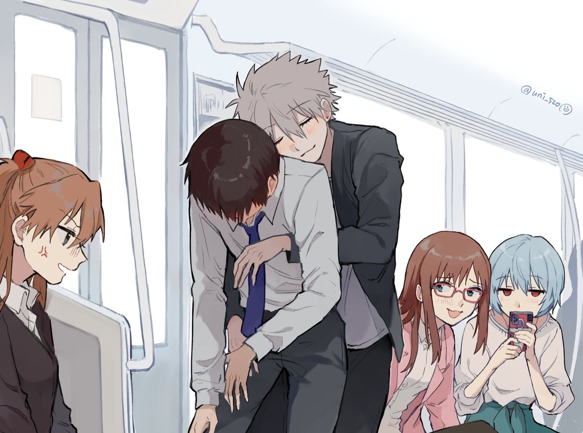 2boys, 3girls, anger_vein, ayanami_rei, blue_hair, blush, brown_hair, cellphone