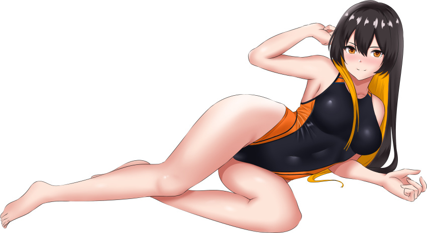 1girl, absurdres, black_hair, black_swimsuit, breasts, closed_mouth, competition_swimsuit, covered_navel, cryptocurrency, full_body, hair_between_eyes, highres, long_hair, looking_at_viewer, lying, medium_breasts, monero-chan, multicolored_hair, on_side, one-piece_swimsuit, orange_eyes, orange_hair, orange_swimsuit, original, simple_background, smile, solo, swimsuit, transparent_background, two-tone_hair, two-tone_swimsuit, vostoemisio