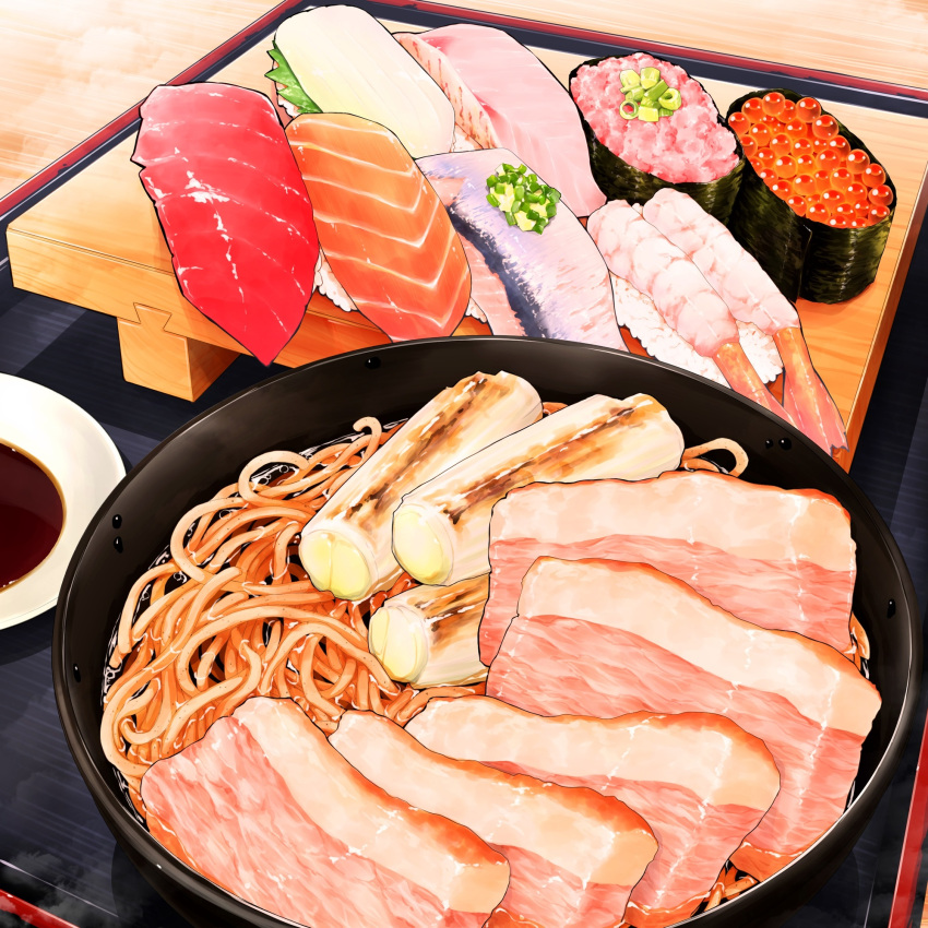 bacon, commentary_request, conveyor_belt_sushi, fish, food, food_focus, frying_pan, highres