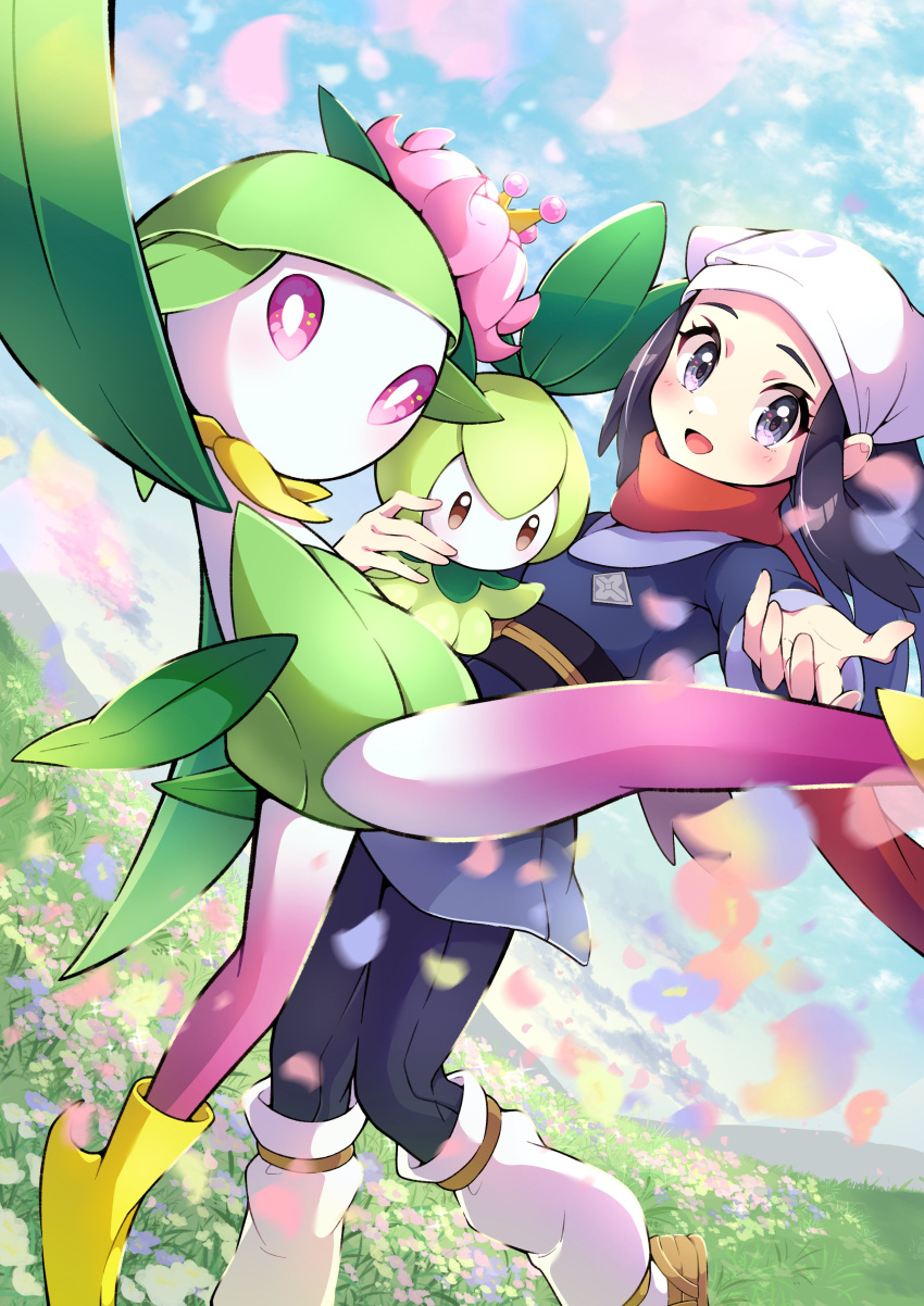 1girl, absurdres, akari_(pokemon), black_hair, black_legwear, black_sash, black_shirt, brown_footwear