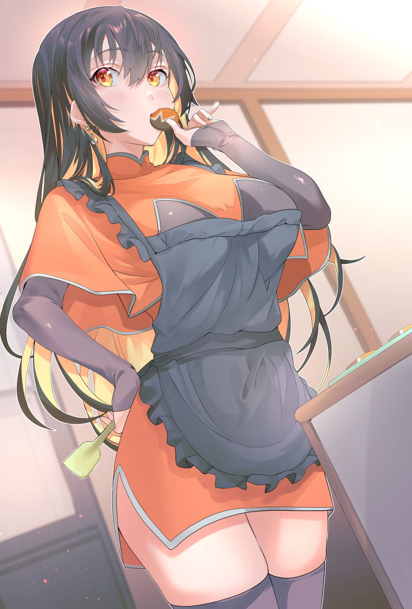 1girl, absurdres, apron, black_apron, black_hair, black_legwear, capelet, cookie