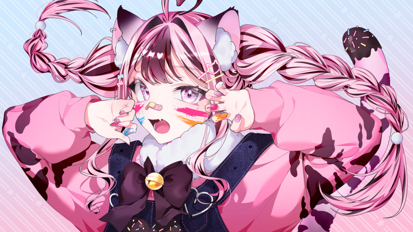 1girl, animal_(vocaloid), animal_ear_fluff, animal_ears, bandaid, bandaid_on_face, bandaid_on_nose, bangs, braid, brown_hair, cat_ears, eyebrows_visible_through_hair, facepaint, fang, floating_hair, highres, indie_virtual_youtuber, kemonomimi_mode, long_hair, looking_at_viewer, mole, mole_under_eye, mu_yume, multicolored_hair, open_hands, overalls, pink_hair, pink_sweater, skin_fang, sleeves_past_wrists, solo, streaked_hair, sweater, twin_braids, violet_eyes, virtual_youtuber, xoco_(vtuber)