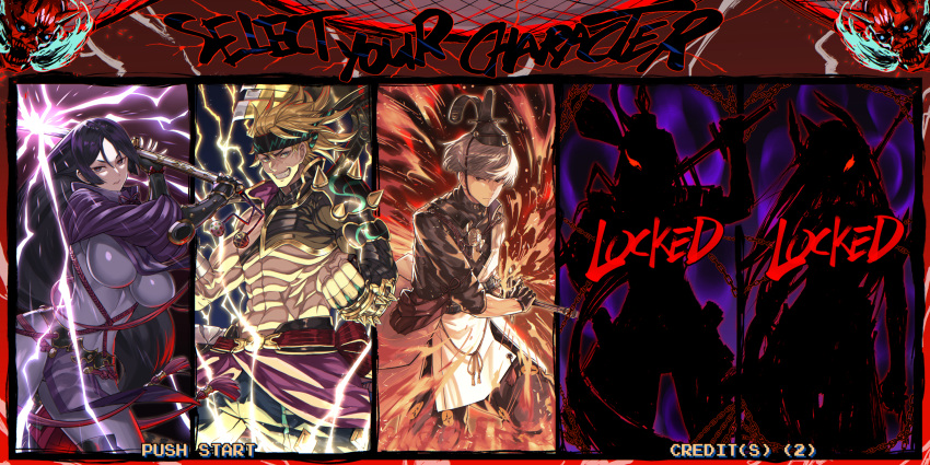 1girl, 2boys, armor, axe, black_eyes, black_gloves, black_hair, black_shirt
