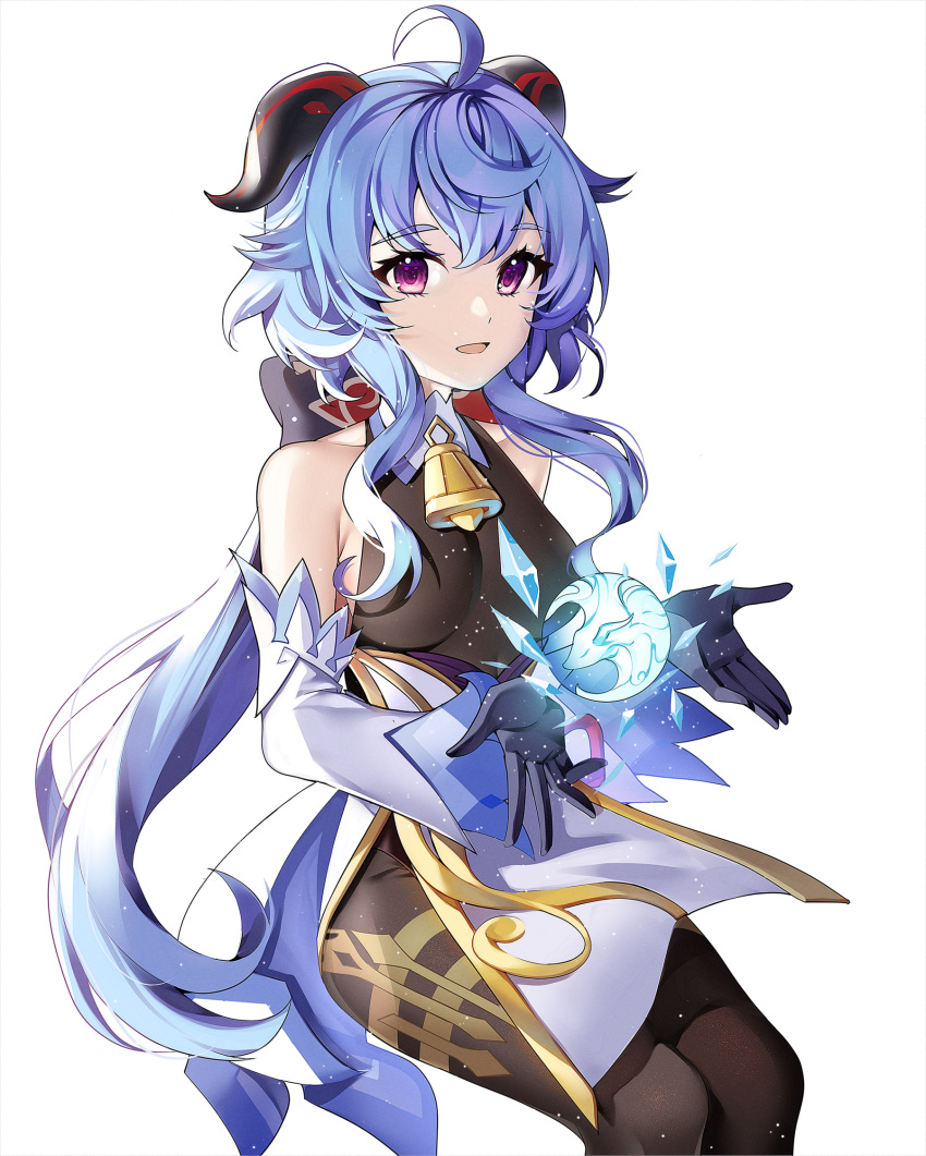 1girl, ahoge, bangs, bare_shoulders, bell, black_gloves, black_legwear, blue_hair, bow, breasts, detached_sleeves, eyebrows_visible_through_hair, ganyu_(genshin_impact), genshin_impact, gloves, gold_trim, hi_i_dubu, highres, horns, long_hair, looking_at_viewer, low_ponytail, medium_breasts, neck_bell, open_mouth, orb, qilin_(mythology), sidelocks, sitting, smile, solo, thighlet, thighs, user_fcnj8455, violet_eyes, white_background, white_sleeves