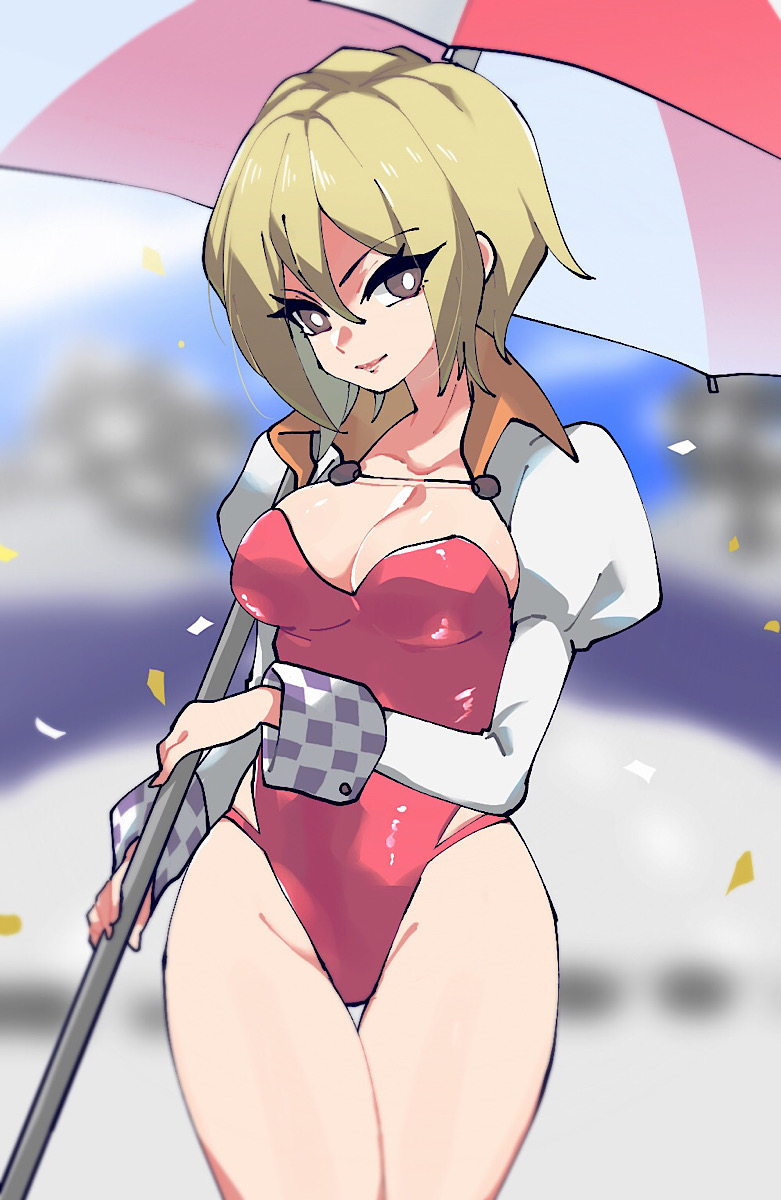 1girl, blonde_hair, breasts, closed_mouth, eleanor_(saga), groin, hcsb, highres, looking_at_viewer, saga, saga_frontier_2, short_hair, smile, solo, swimsuit, umbrella