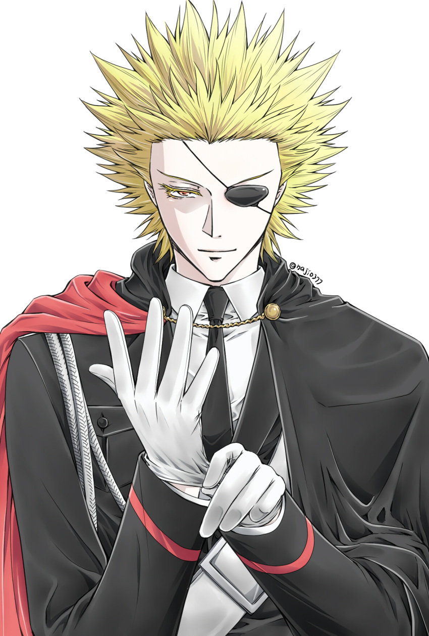1boy, adjusting_clothes, adjusting_gloves, black_cape, black_necktie, blonde_hair, cape, collared_shirt