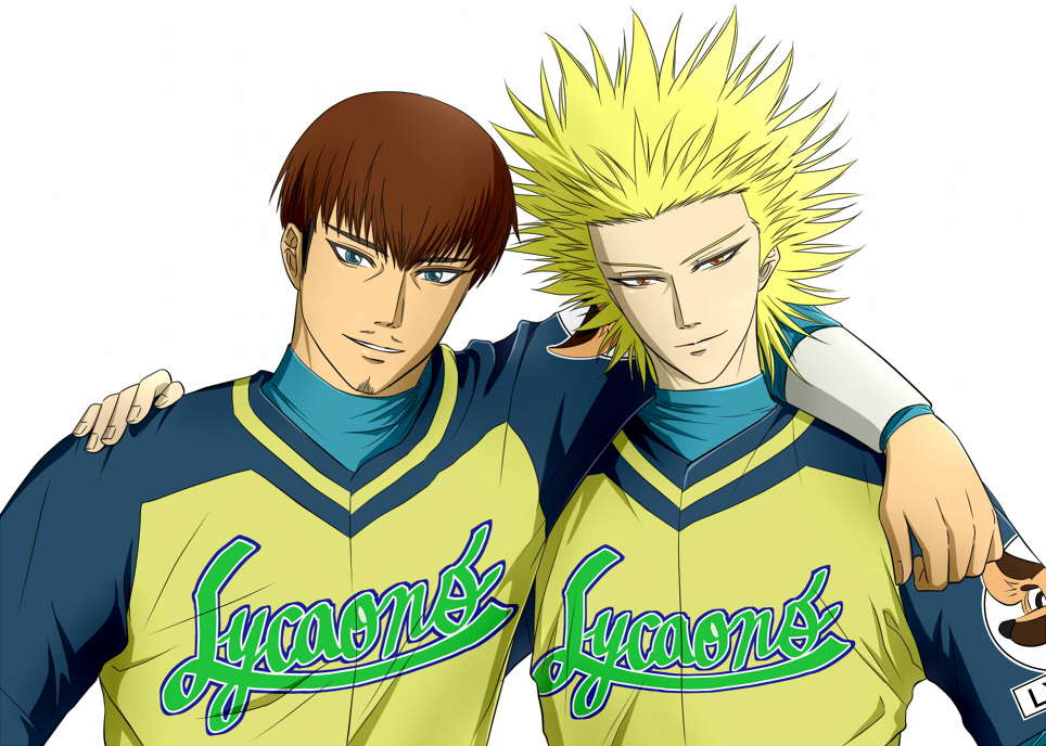 2boys, arm_around_neck, baseball_uniform, blonde_hair, blue_eyes, bowl_cut, brown_hair, facial_hair