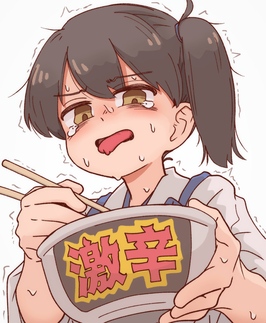 1girl, bangs, bocchi-ya-nawi, bowl, brown_hair, chibi, chopsticks, commentary_request