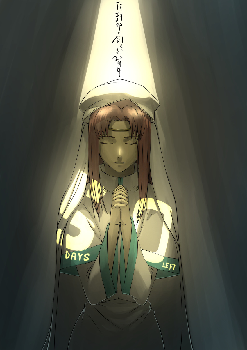 1girl, absurdres, aduti_momoyama, anniversary, brown_hair, circlet, closed_eyes, closed_mouth