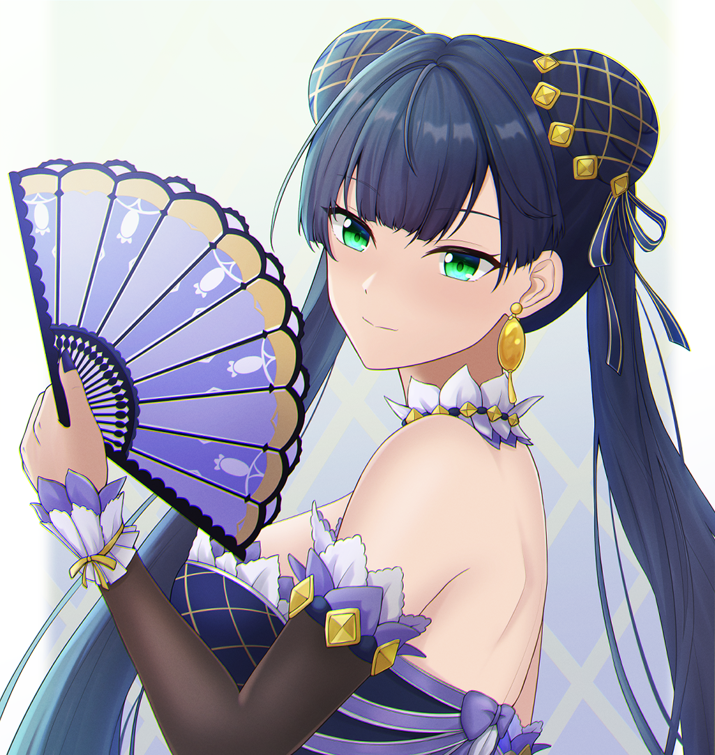 1girl, bangs, bare_shoulders, bellona_(epic_seven), blue_hair, breasts, cesvelox, closed_mouth, commentary, detached_sleeves, double_bun, ear_piercing, epic_seven, expressionless, forehead, green_eyes, hair_ornament, hair_ribbon, hand_fan, holding, large_breasts, long_hair, piercing, purple_nails, ribbon, sideboob, simple_background, solo, twintails, upper_body