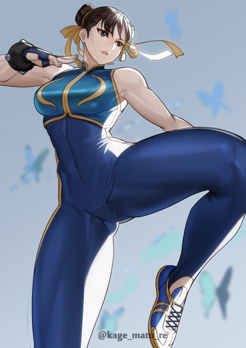 1girl, absurdres, artist_name, bangs, bare_shoulders, blue_unitard, blurry, blurry_background