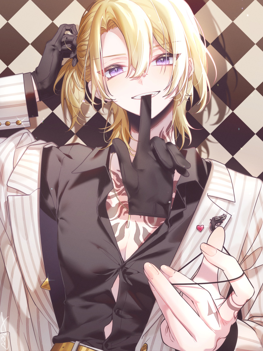 1boy, absurdres, black_gloves, black_shirt, blonde_hair, chest_tattoo, collarbone, collared_shirt