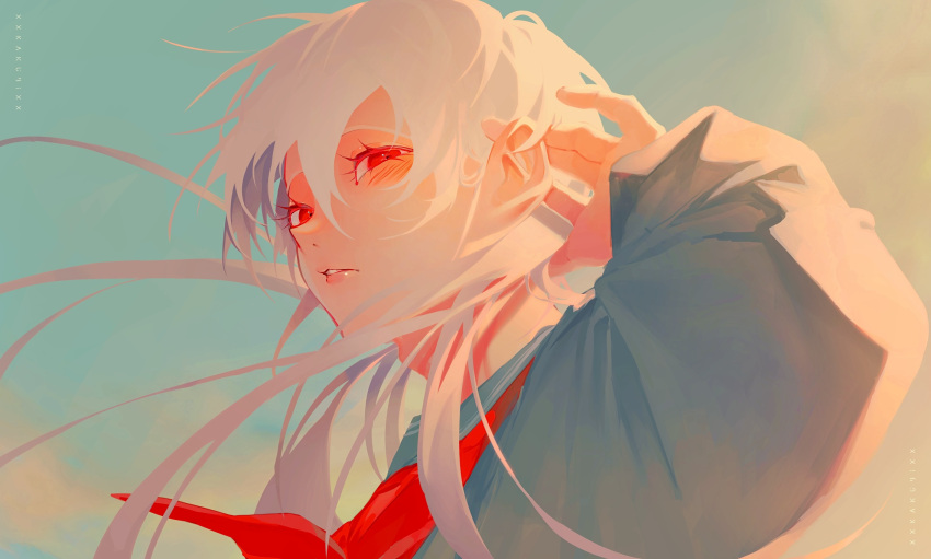 1boy, androgynous, artist_name, clouds, crossdressing, hair_between_eyes, highres, lips