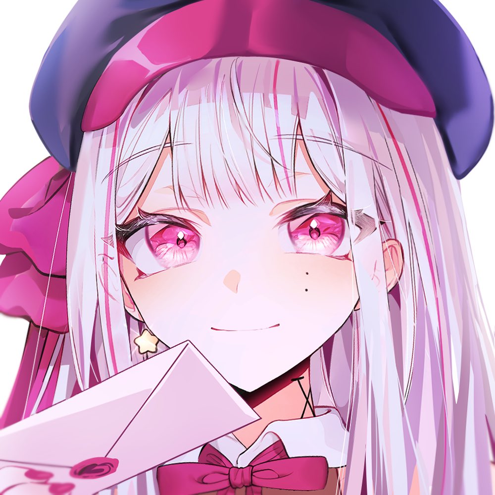 1girl, :irai, beret, black_headwear, collared_shirt, earrings, envelope, hair_behind_ear, hat, holding, holding_envelope, jewelry, looking_at_viewer, mu_yume, multicolored_hair, original, pink_eyes, pink_hair, portrait, shirt, silver_hair, single_earring, smile, solo, star_(symbol), star_earrings, streaked_hair, symbol-only_commentary, utaite_(singer), white_background