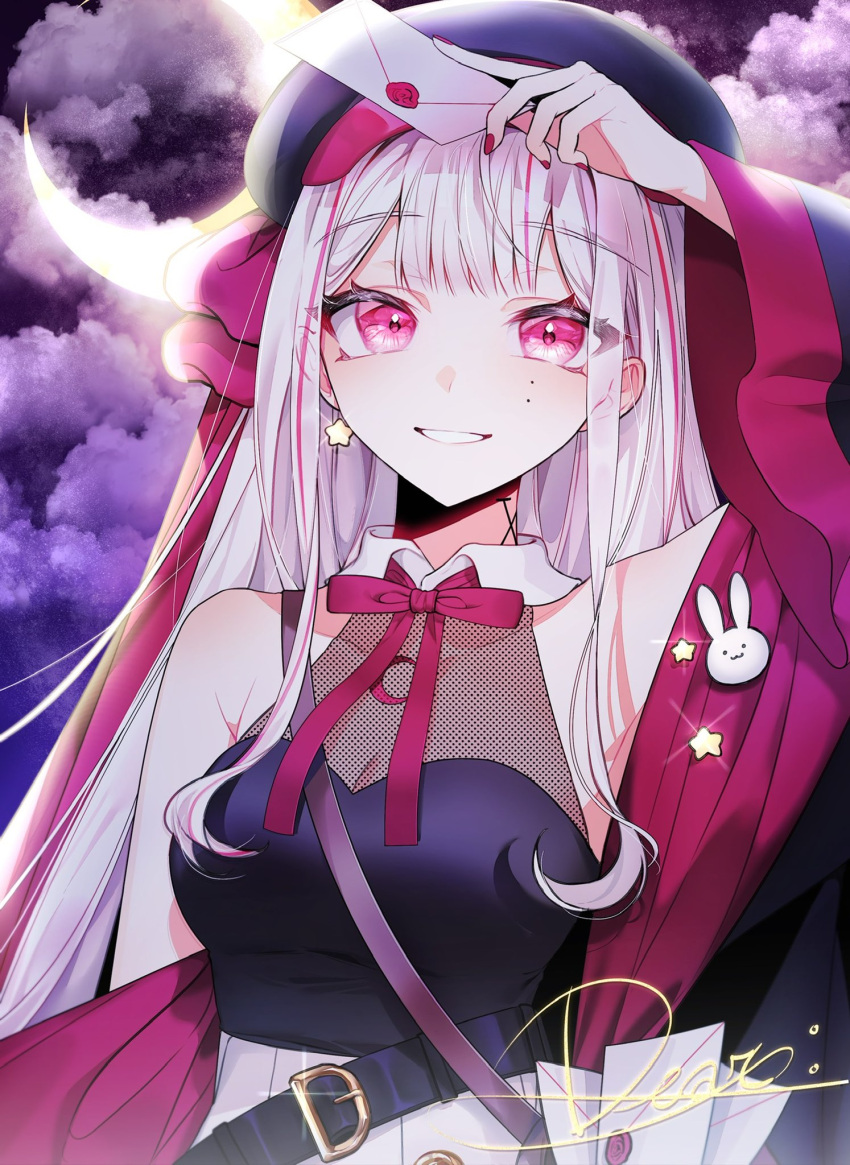 1girl, :irai, bangs, beret, black_headwear, black_jacket, envelope, eyebrows_visible_through_hair