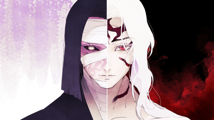 2boys, absurdres, bandaged_head, bandaged_neck, bandages, black_hair, black_sclera, blood, bob_cut, closed_mouth, colored_sclera, commentary_request, flower, hagoro_(856_kmt), hair_over_one_eye, highres, kibutsuji_muzan, kimetsu_no_yaiba, light_smile, lips, long_hair, looking_at_viewer, male_focus, multiple_boys, portrait, red_eyes, scar, scar_on_face, slit_pupils, split_theme, spoilers, ubuyashiki_kagaya, veins, white_hair, wisteria