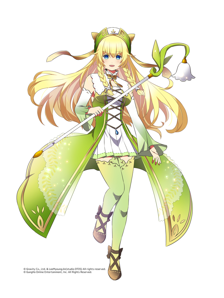 1girl, bangs, black_footwear, blonde_hair, blue_eyes, blush, braid, coat, commentary_request, cross-laced_clothes, detached_sleeves, dress, eyebrows_visible_through_hair, full_body, gradient_sleeves, green_coat, green_legwear, green_sleeves, hair_between_eyes, high_heels, holding, holding_staff, looking_at_viewer, open_mouth, ragnarok_online, shiraazuma, short_dress, side_braids, simple_background, sleeveless, sleeveless_coat, sleeveless_dress, smile, solo, staff, twin_braids, white_background, white_dress, white_sleeves