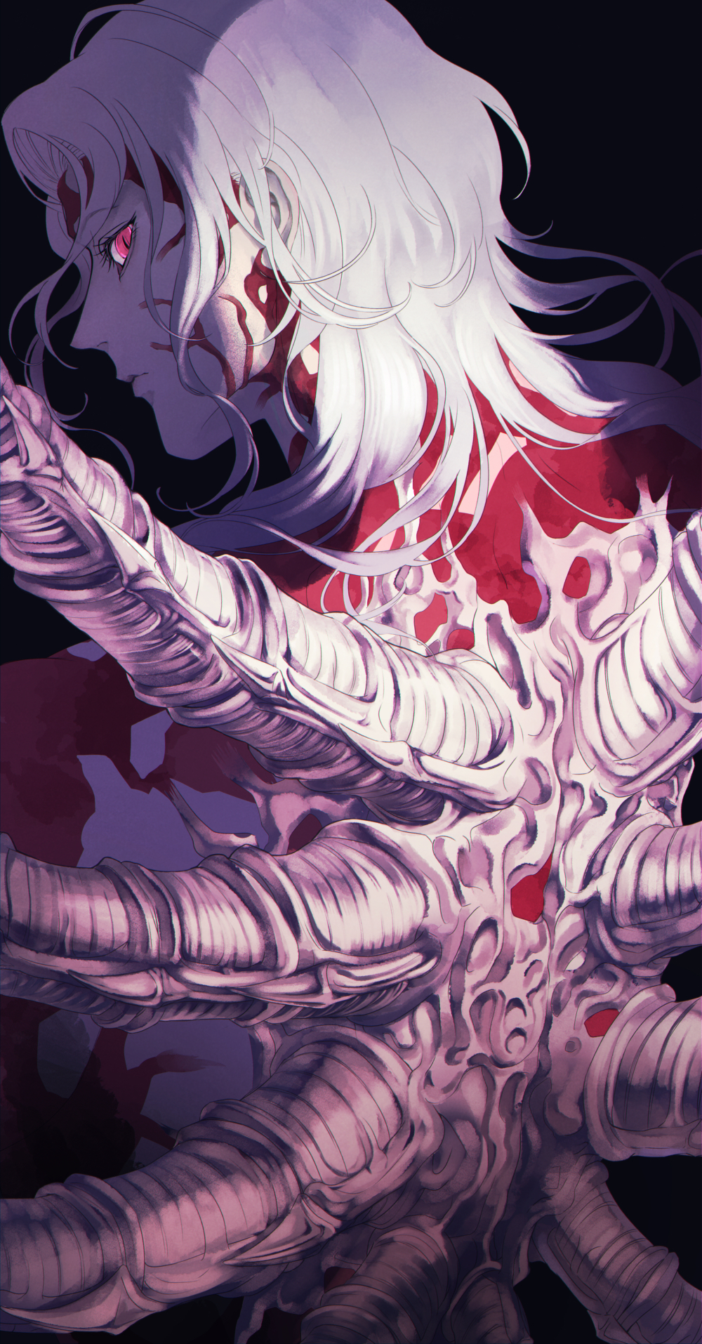 1boy, black_background, blood, blood_on_face, closed_mouth, eyelashes, from_behind, hagoro_(856_kmt), highres, kibutsuji_muzan, kimetsu_no_yaiba, lips, long_hair, looking_at_viewer, male_focus, monster_boy, red_eyes, scar, sideways_glance, slit_pupils, solo, spoilers, tentacles, upper_body, veins, white_hair