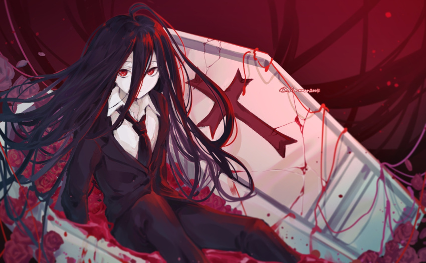 1boy, ahoge, bangs, black_hair, black_jacket, black_necktie, black_pants, coffin