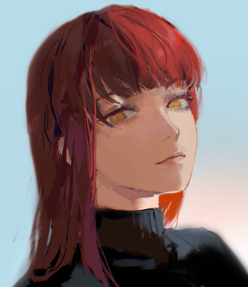 1girl, alternate_costume, alternate_hairstyle, black_sweater, chainsaw_man, closed_mouth, commentary, english_commentary