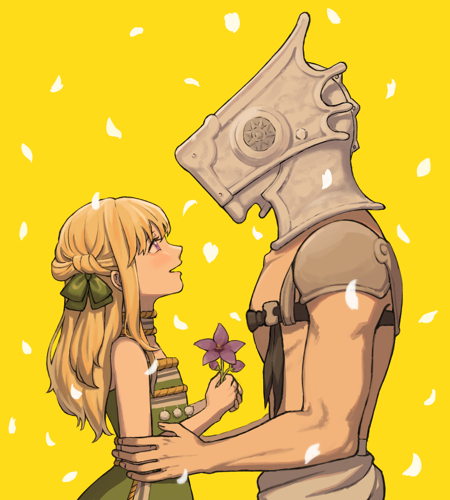 1boy, 1girl, armor, blonde_hair, bow, braid, commentary, dress, facing_another, flower, flower_request, french_braid, fumetsu_no_anata_e, green_bow, green_dress, gugu_(fumetsu_no_anata_e), hair_bow, headgear, height_difference, holding, holding_flower, loincloth, long_hair, looking_at_another, mochi_risu, muscular, muscular_male, open_mouth, petals, pom_pom_(clothes), rean_cropp, shoulder_armor, simple_background, smile, strapless, strapless_dress, striped_choker, topless_male, violet_eyes, yellow_background