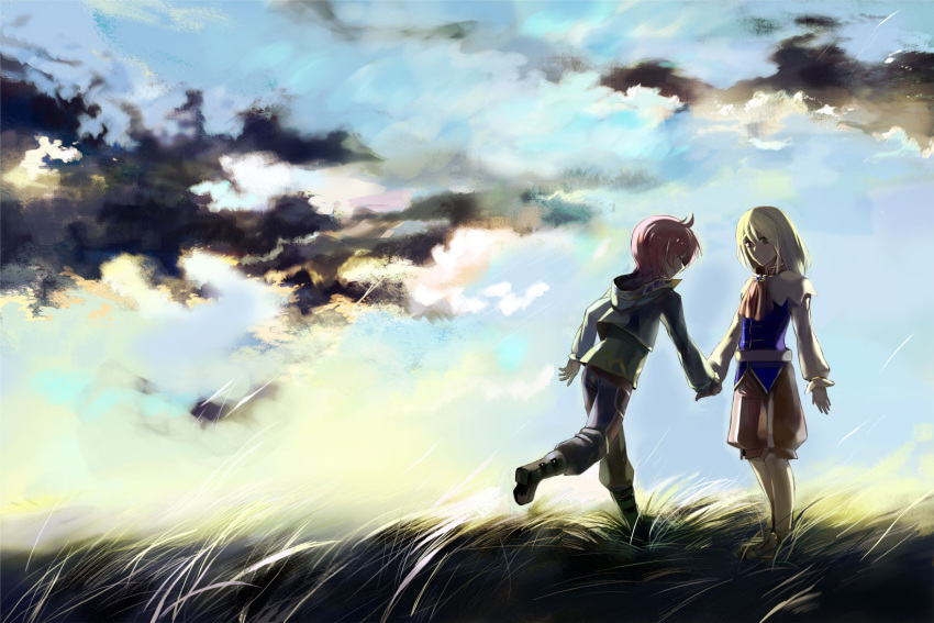 aqua_background, asbel_lhant, bad_id, blonde_hair, brown_eyes, brown_hair, cloud, clouds