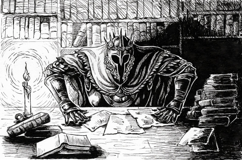 1boy, armor, book, book_stack, bookshelf, candle, cape, crown, elden_ring, full_armor, gideon_ofnir, greyscale, helmet, library, male_focus, monochrome, pile_of_books, reading, solo, urbanknight_art