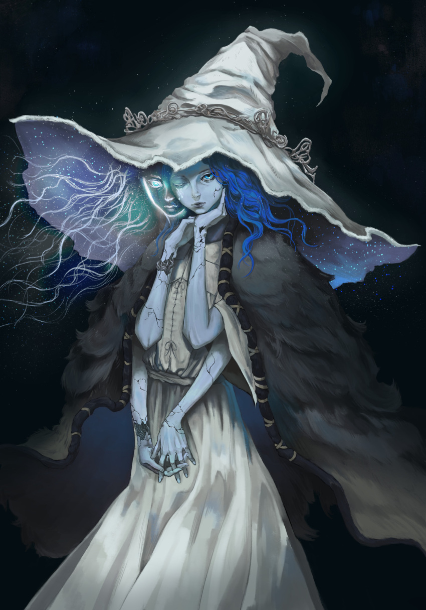 1girl, blue_eyes, blue_hair, blue_nails, blue_skin, cloak, closed_mouth, colored_skin