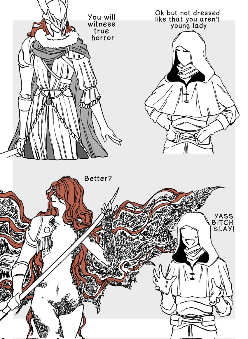 1boy, 1girl, :d, absurdly_long_hair, blush, capelet, completely_nude, confessor_(elden_ring)