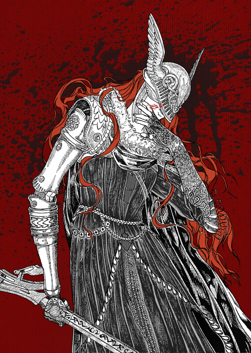 1girl, blood, blood_on_face, blood_splatter, covered_eyes, dress, elden_ring, hand_up, helmet, highres, holding, holding_sword, holding_weapon, long_hair, malenia_blade_of_miquella, mechanical_arms, prosthesis, prosthetic_arm, red_theme, redhead, rovercl, single_mechanical_arm, solo, sword, very_long_hair, weapon, winged_helmet
