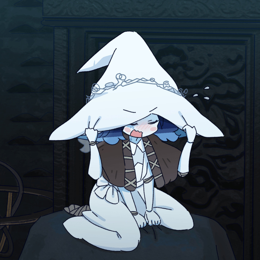 1girl, between_legs, blue_skin, blush, blush_stickers, brown_capelet, capelet, closed_eyes