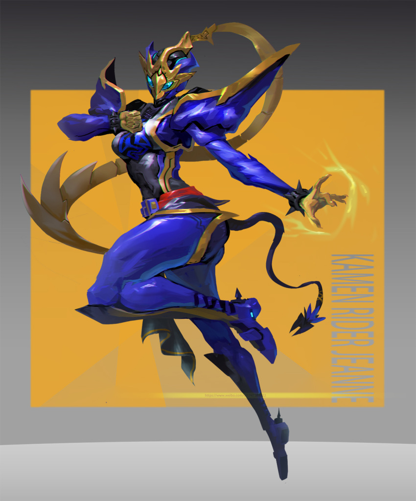 1girl, breasts, character_name, cobra_(animal), gold_gloves, highres, kamen_rider, kamen_rider_jeanne, kamen_rider_revice, leg_up, libera_driver, mask, medium_breasts, monster_girl, monsterification, rcj, reiwa, rider_belt, stylistic, tail, tokusatsu