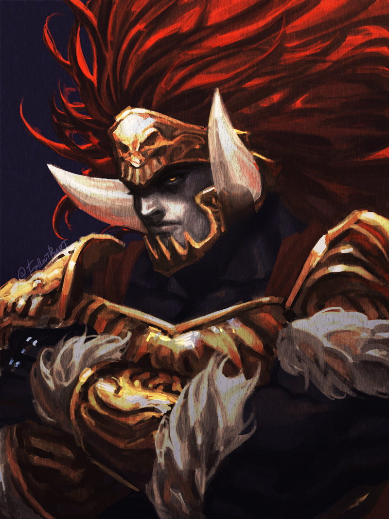 1boy, armor, black_sclera, brown_eyes, closed_mouth, colored_sclera, colored_skin, elden_ring, fake_horns, falloutbart, grey_skin, helmet, horned_helmet, horns, long_hair, looking_at_viewer, male_focus, pauldrons, redhead, shoulder_armor, solo, starscourge_radahn, twitter_username, upper_body