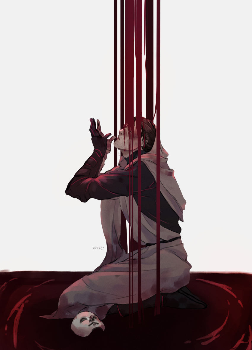 1boy, absurdres, artist_name, blood, blood_on_face, brown_hair, elden_ring, from_side