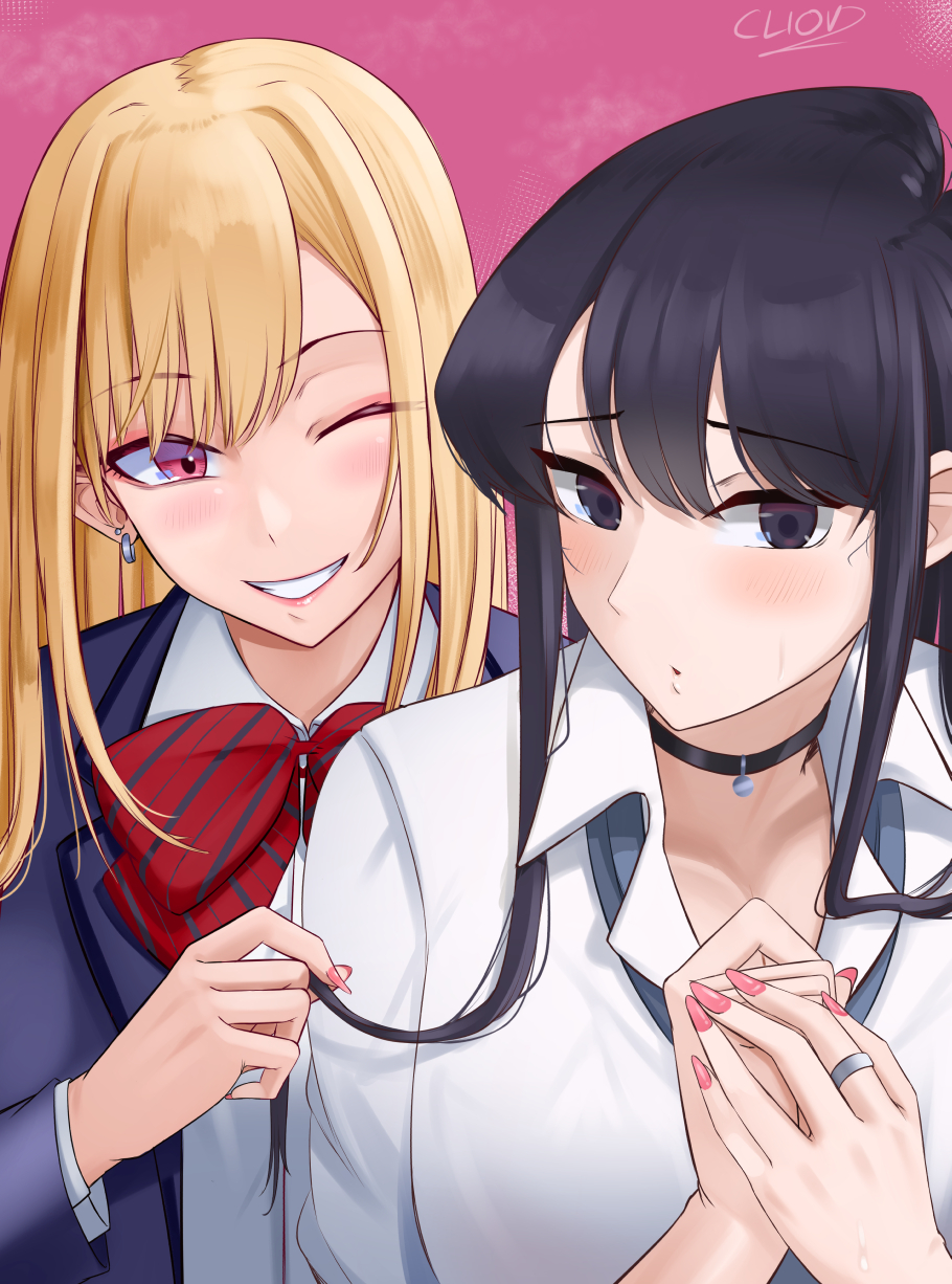 2girls, blush, bow, bowtie, cliov, cosplay, earrings, highres
