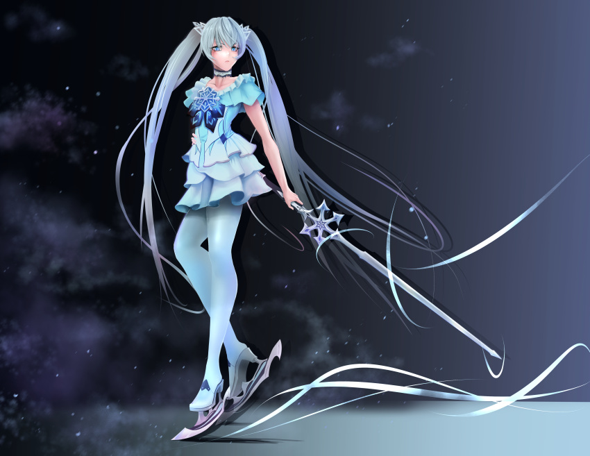 1girl, absurdres, black_survival, blue_eyes, choker, collarbone, elena_(black_survival), eternal_return:_black_survival, figure_skating_dress, flat_chest, frost, highres, ice_skates, long_hair, pantyhose, rapier, skates, snowflakes, solo, sword, twintails, user_gaed4378, very_long_hair, weapon, white_hair, white_legwear