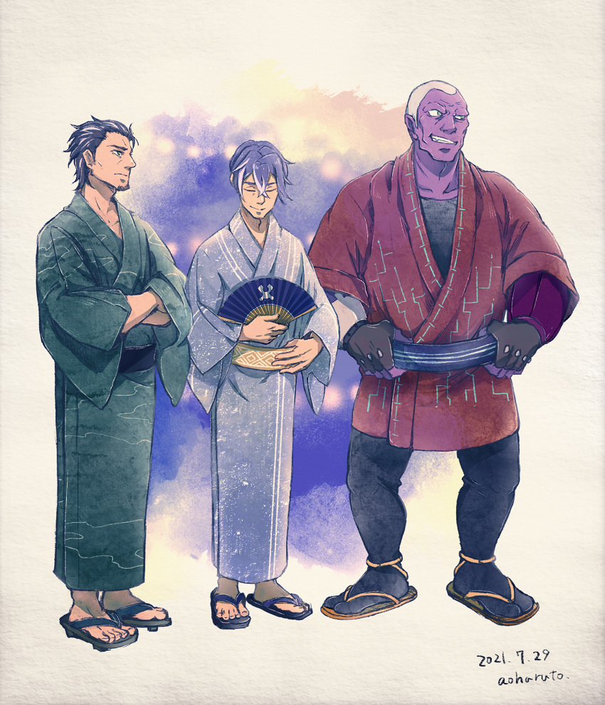 3boys, aoharuto, beard, black_legwear, buzz_cut, closed_eyes, colored_skin, decadence_(anime)