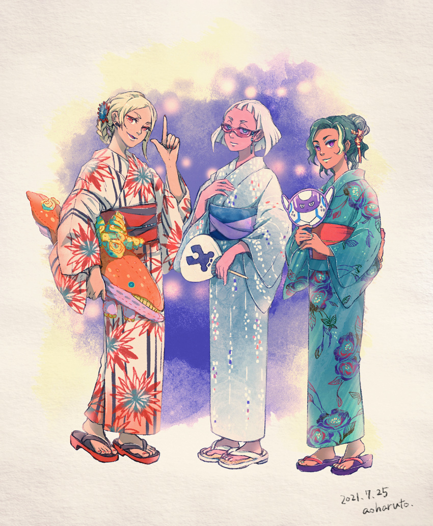 3girls, aoharuto, artist_name, blonde_hair, blue_eyes, blue_kimono, character_doll, colored_skin
