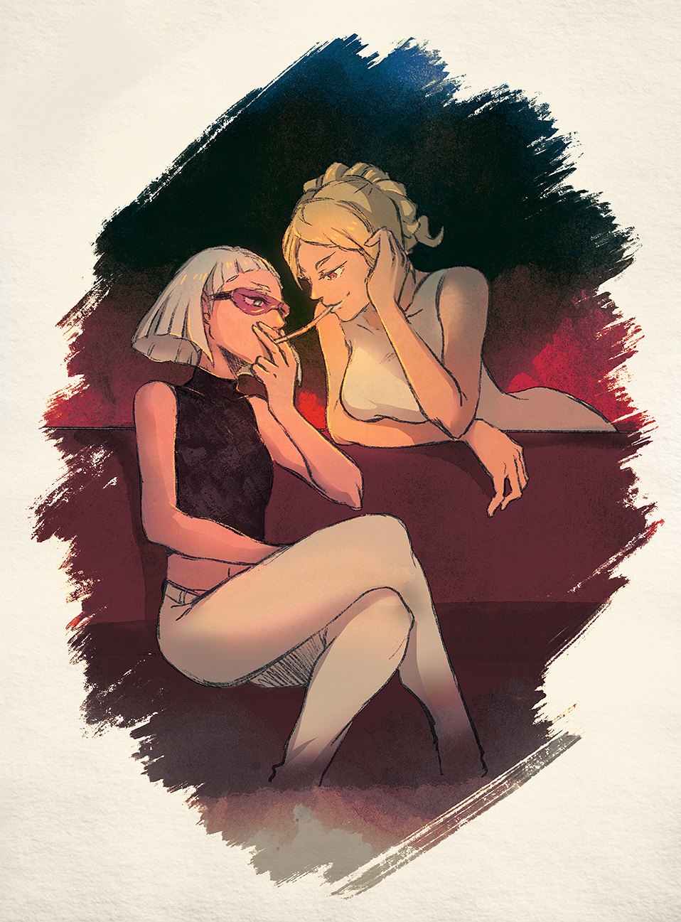 2girls, aoharuto, blonde_hair, cigarette, cigarette_kiss, colored_skin, crossed_legs, decadence_(anime)