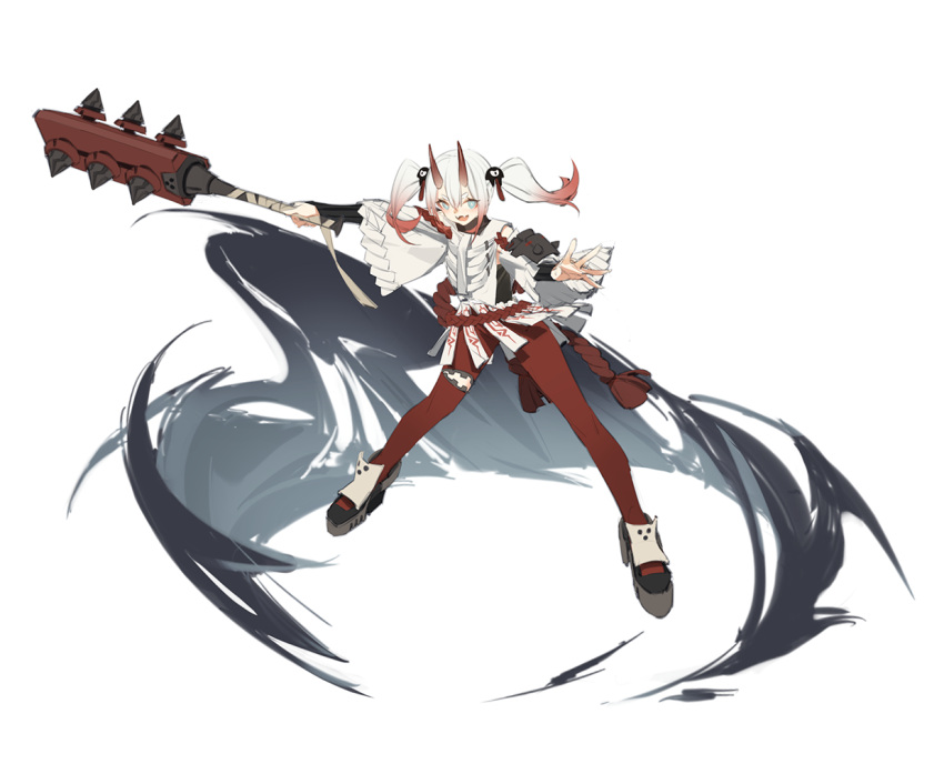 1girl, armor, bandages, blue_eyes, bright_pupils, club_(weapon), fangs, gradient