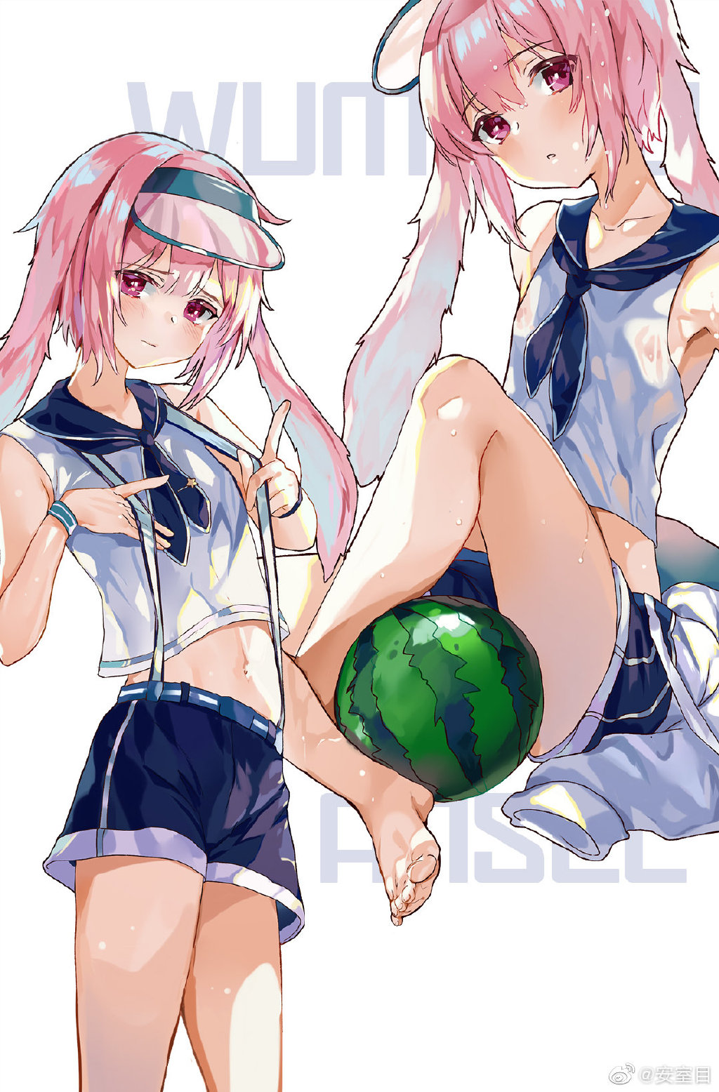 1boy, animal_ears, ansel_(arknights), ansel_(casual_vacation)_(arknights), arknights, artist_name, barefoot, blue_headwear, blue_sailor_collar, blue_shorts, blue_wristband, blush, character_name, floppy_ears, food, fruit, highres, jacket, jacket_removed, knee_up, looking_at_viewer, male_focus, medium_hair, midriff, multiple_views, navel, official_alternate_costume, otoko_no_ko, pink_eyes, pink_hair, rabbit_ears, sailor_collar, shirt, shorts, simple_background, sitting, solo, visor_cap, watermelon, wet, white_background, white_shirt, wumumu