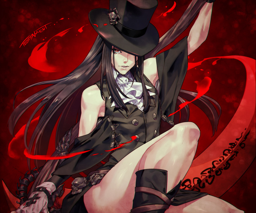 1other, androgynous, ascot, asymmetrical_sleeves, bare_shoulders, black_hair, black_headwear, blood, boots, buttons, fingerless_gloves, gloves, guilty_gear, guilty_gear_strive, hat, holding, holding_weapon, long_hair, red_eyes, scythe, skull, talgi, testament_(guilty_gear), top_hat, weapon