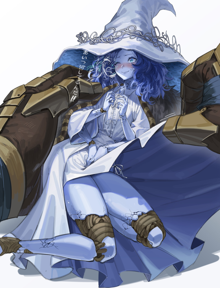 1girl, absurdres, blue_skin, blush, cape, cloak, closed_mouth, clothes_lift