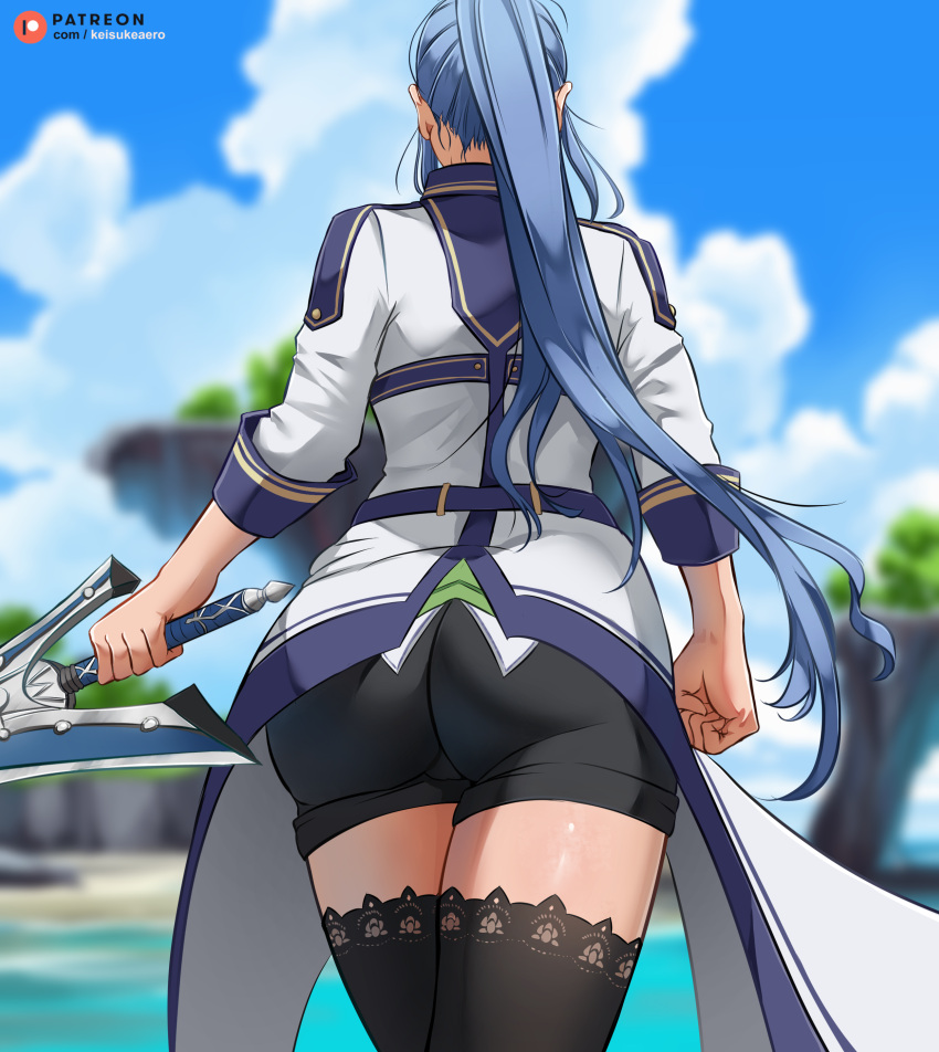1girl, ass, beach, black_legwear, black_shorts, blue_hair, blue_sky, blurry