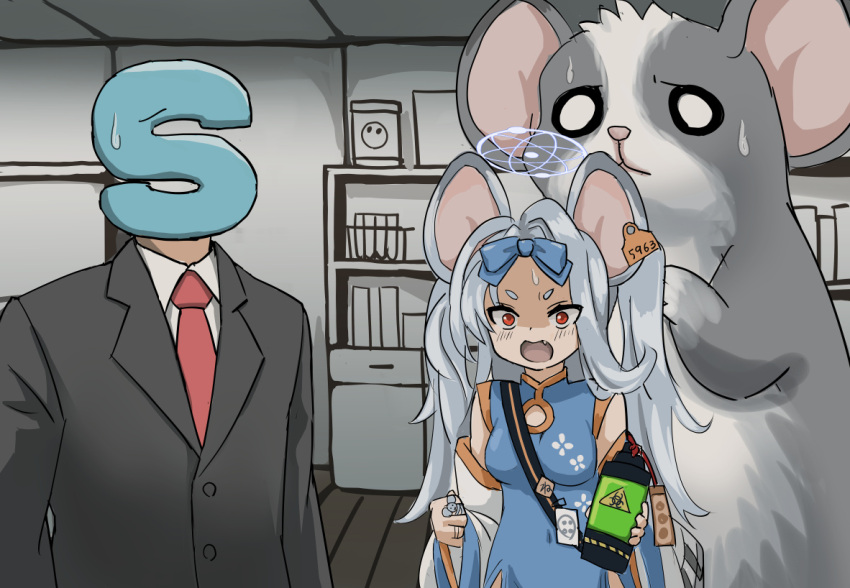 1boy, 1girl, alternate_size, animal, animal_ears, bare_shoulders, blue_archive, blue_bow, blue_dress, bow, china_dress, chinese_clothes, detached_sleeves, dress, ear_tag, eyebrows, jewelry, kitsuan, mouse, mouse_ears, mouse_girl, necktie, open_mouth, red_eyes, ribbon, ring, saya_(blue_archive), surprised, sweatdrop, vial