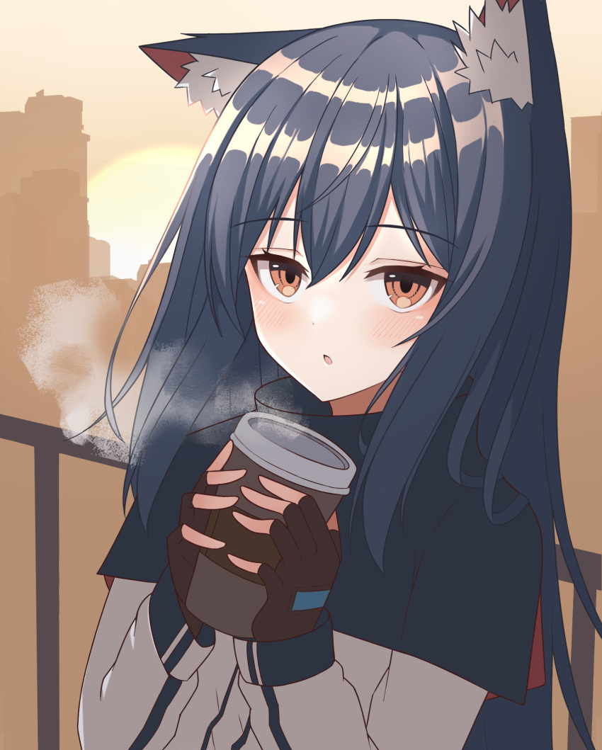 1girl, :o, animal_ear_fluff, animal_ears, arknights, black_gloves, black_hair, black_jacket, blush, breath, building, coffee_cup, cup, disposable_cup, eyebrows_visible_through_hair, gloves, highres, holding, holding_cup, jacket, kuwan4971, long_hair, long_sleeves, looking_at_viewer, multicolored_hair, orange_eyes, outdoors, railing, skyscraper, solo, texas_(arknights), two-tone_hair, upper_body, white_jacket, wolf_ears