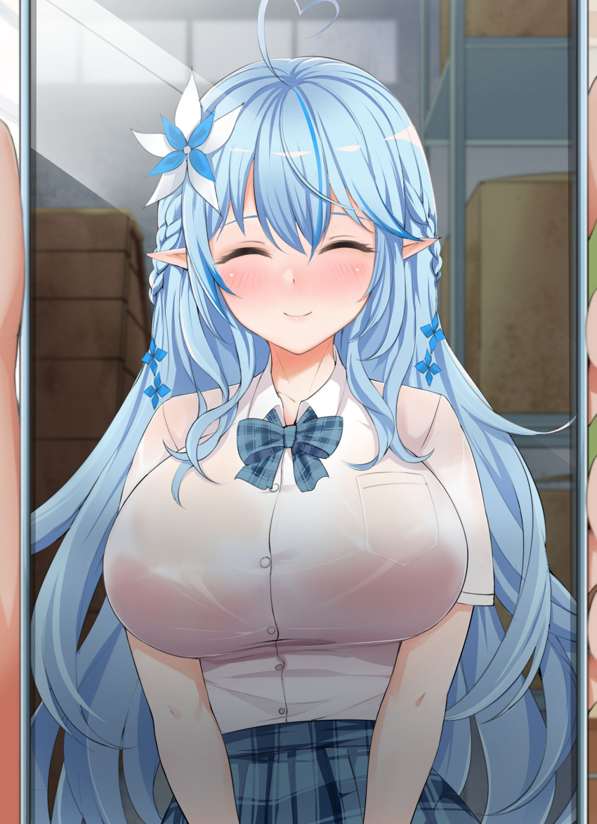 1girl, ^_^, ahoge, aogami_high_school_uniform, bangs, blue_bow, blue_bowtie, blue_hair