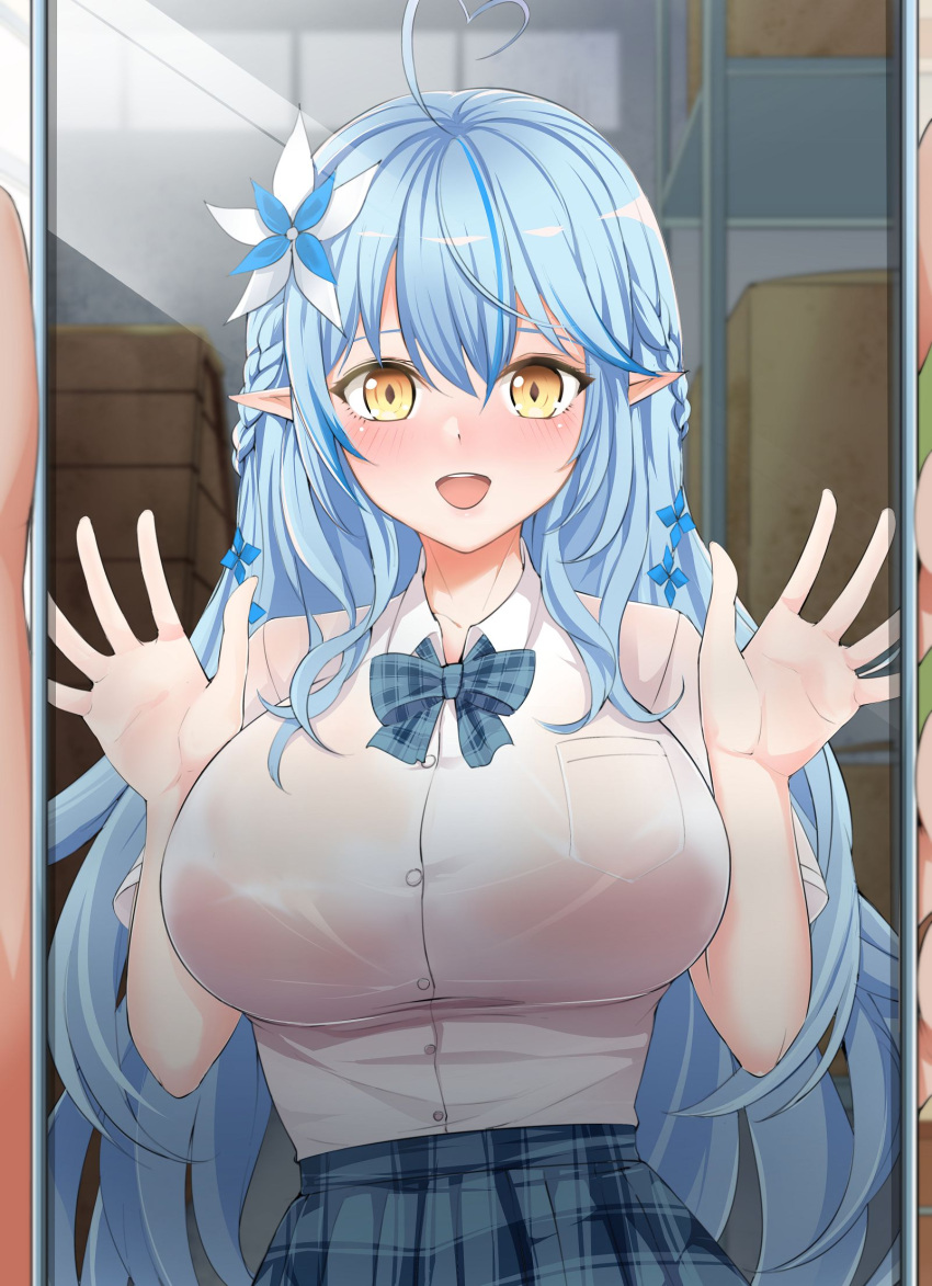 1girl, ahoge, aogami_high_school_uniform, bangs, blue_bow, blue_bowtie, blue_hair, blue_skirt