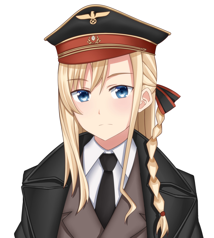 1girl, adolf_hitler, adolf_hitler_(cosplay), bangs, black_coat, black_headwear, black_necktie, blonde_hair