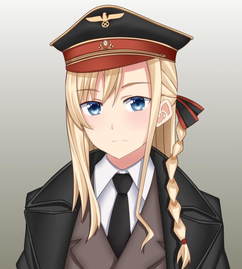 1girl, adolf_hitler, adolf_hitler_(cosplay), bangs, black_coat, black_headwear, black_necktie, blonde_hair